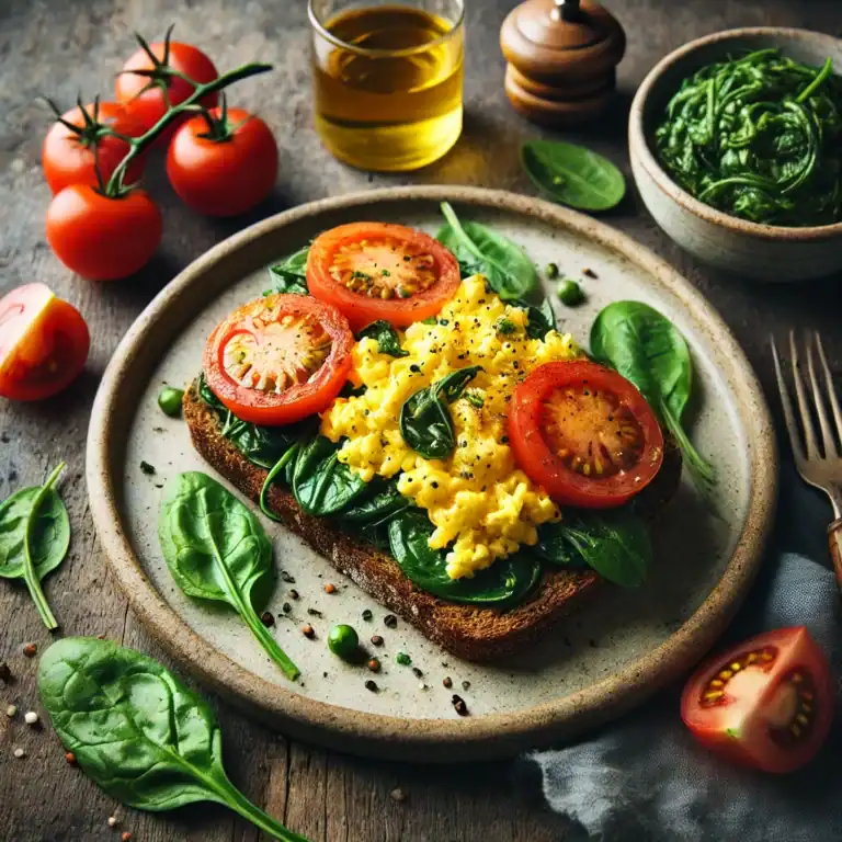 Scrambled Ei op Roggebrood met Tomaat en Spinazie