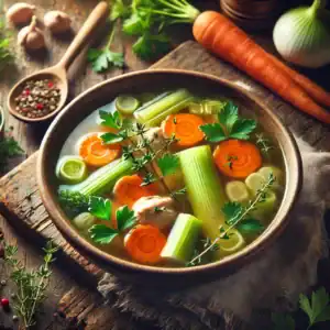 Frisse kippenbouillon met veel groenten