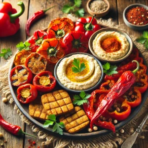 Gebakken Tempeh met Geroosterde Paprika en Hummus