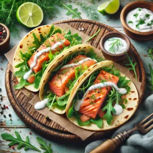 Gegrilde zalmtaco’s met dille-yoghurt en rucola