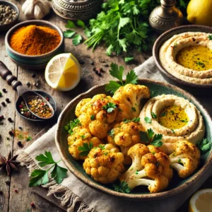Geroosterde bloemkool met kerrie en hummus