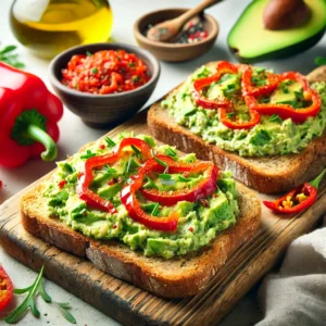 Geroosterde paprika-avocadospread op volkoren toast