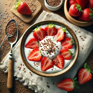 Griekse yoghurt (0%) met lijnzaad en aardbeien