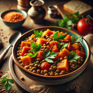 Groentestoofpot met linzen en zoete aardappel