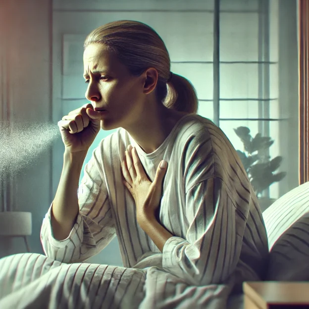 Hoesten (vooral 's nachts, door vocht in de longen)