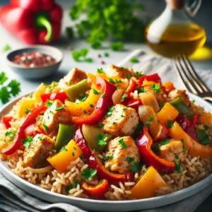Kip Jambalaya met Paprika, Ui en Bruine Rijst