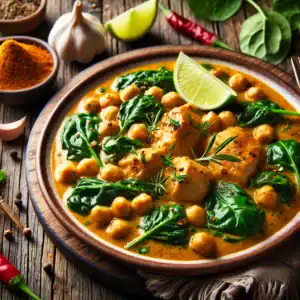 Kipcurry met kikkererwten en spinazie
