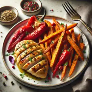 Kipfilet met Geroosterde Paprika en Zoete Aardappelfrietjes
