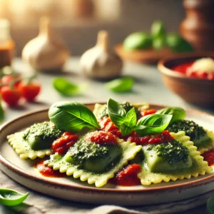 Knoflook-spinazie ravioli met tomatensaus (vegan)