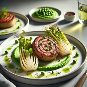 Knolselderijsteak met kruidenolie en doperwtenpuree
