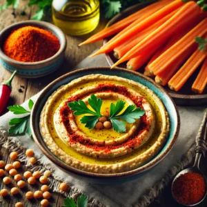 Linzenhummus met knapperige wortelreepjes
