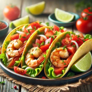 Open taco’s met garnalen, verse sla en tomaat