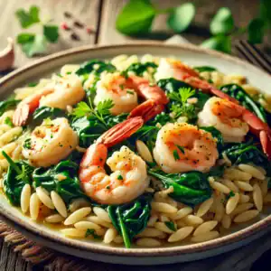 Orzo met Gebakken Spinazie & Garnalen in Knoflookolie