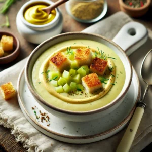 Prei-Aardappelsoep met Mosterd en Croutons