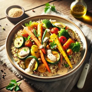Quinoa met geroosterde groente en tahindressing