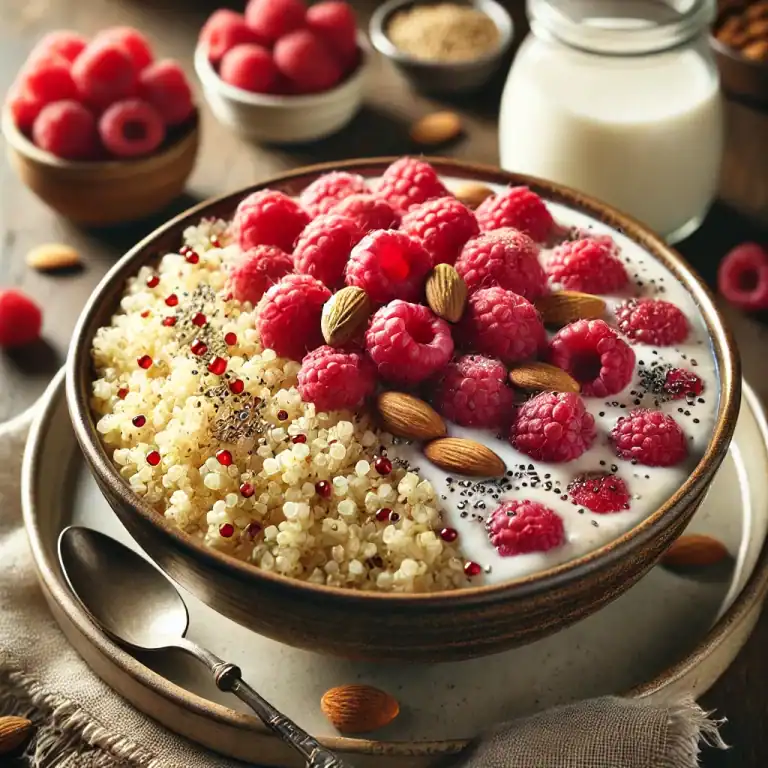 Quinoa ontbijt bowl met amandelmelk en frambozen