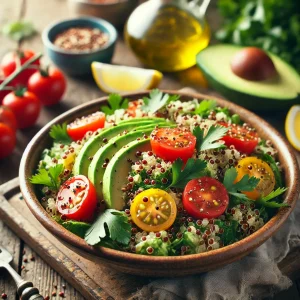 Salade van quinoa, avocado en cherrytomaten