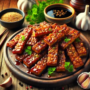 Spekreepjes van Tempeh met Sojasaus en Knoflook