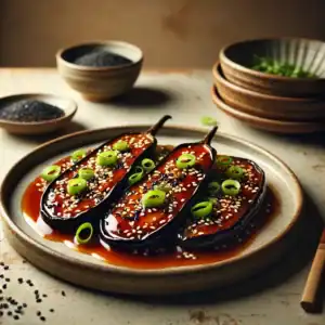 Sticky aubergine uit de oven met miso en sesam