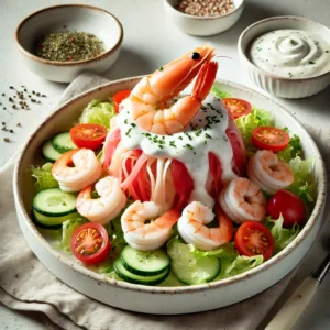 Surimi- en Garnalen-salade met Knoflook-yoghurtsaus