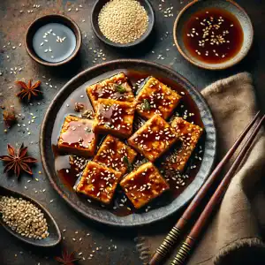 Tempeh met sojasaus en sesamzaad