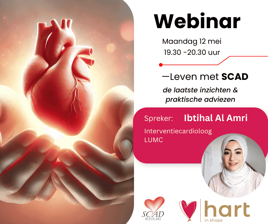 Een promotionele afbeelding voor een SCAD-webinar. Links wordt een 3D-hart vastgehouden door gloeiende handen. Rechts staan de datum, tijd, onderwerp en spreker: Ibtihal Al Amri, met haar foto en de logo's van SCAD en Hart in Shape.