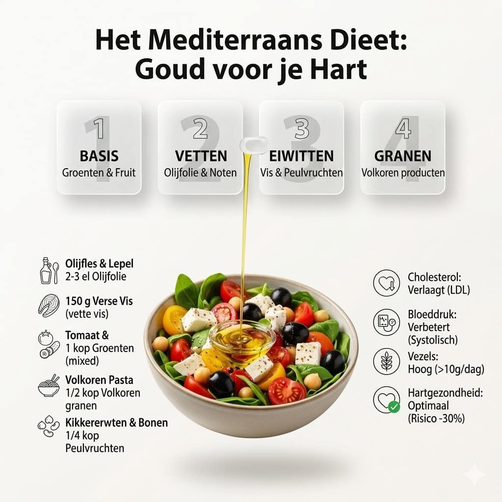 Infographic over het mediterrane dieet, met vier voedselgroepen (groenten & fruit, gezonde vetten, proteïnen, granen) en een kom salade met olijfolie, groenten, feta, olijven en icoontjes die de voordelen voor de gezondheid van het hart aangeven.