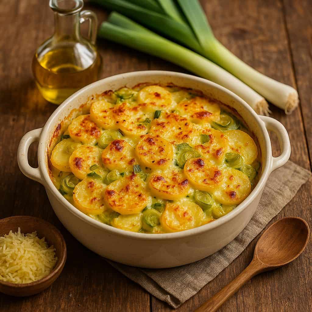 Aardappelgratin met prei en kaas