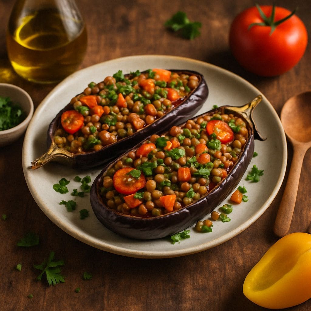 Aubergine uit de oven met linzenvulling