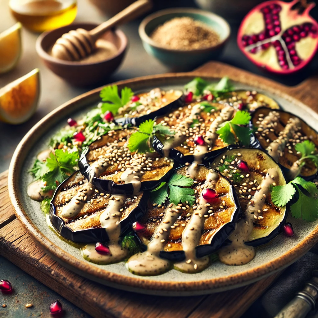 Auberginesalade met tahin en sesam
