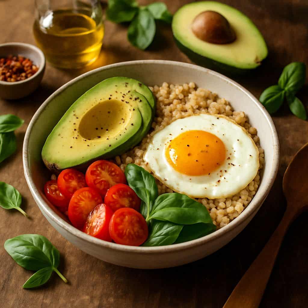 Avocado bowl met quinoa en ei