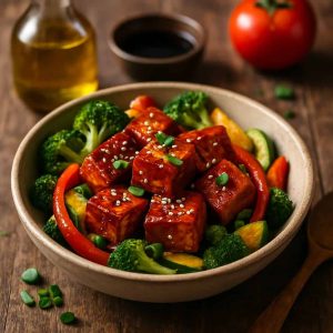 BBQ tofu met sojasaus en sesam