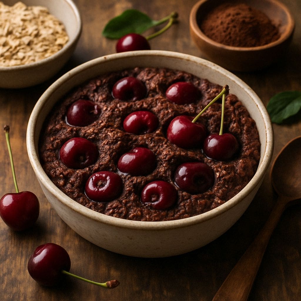 Baked oats met cacao en kersen