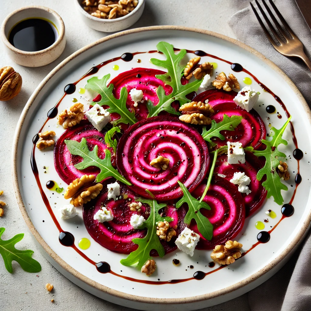 Bietencarpaccio met Geitenkaas, Walnoten en Rucola