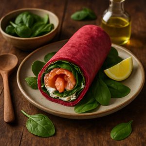 Bietenwrap met zalm en spinazie