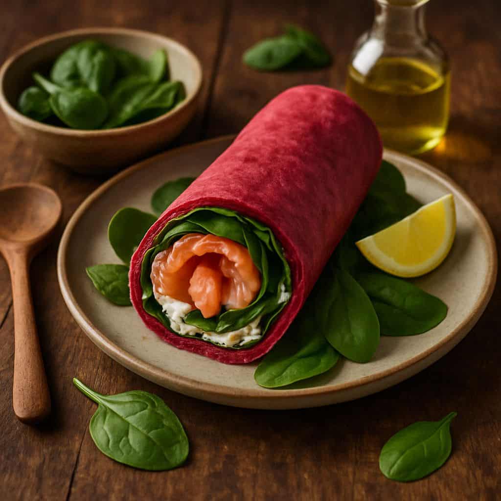 Bietenwrap met zalm en spinazie