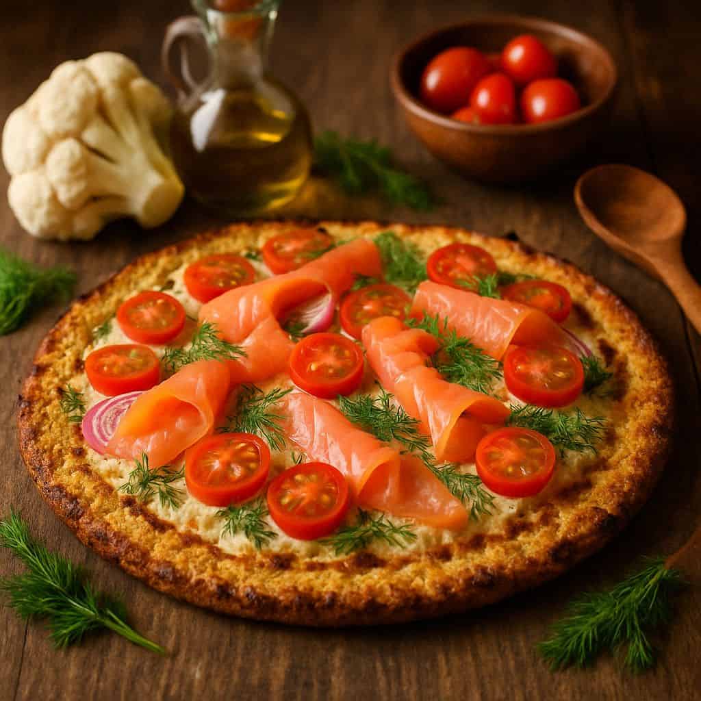 Bloemkoolpizza met zalm en dille