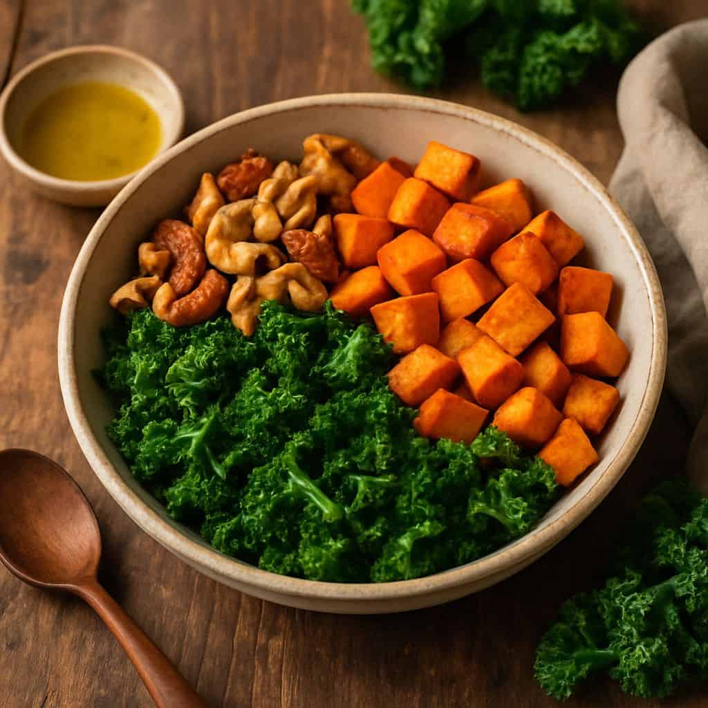 Boerenkool bowl met zoete aardappel en noten