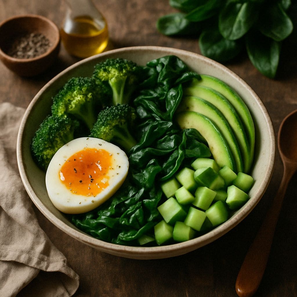 Bowl met groene groenten en ei