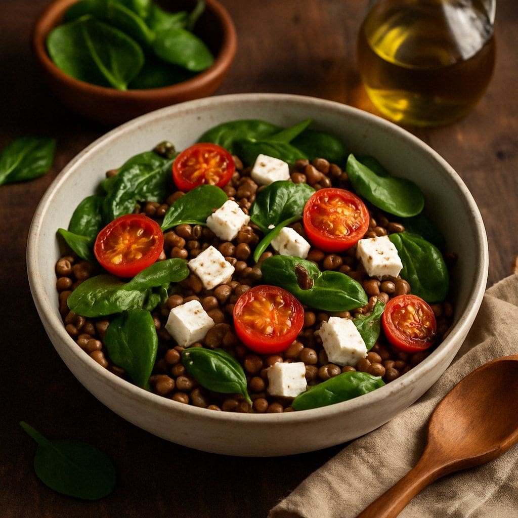 Bowl met linzen, feta en spinazie