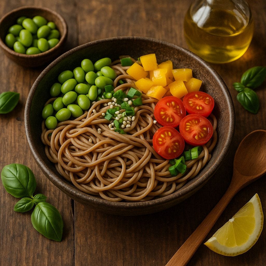 Bowl met soba noodles en edamame