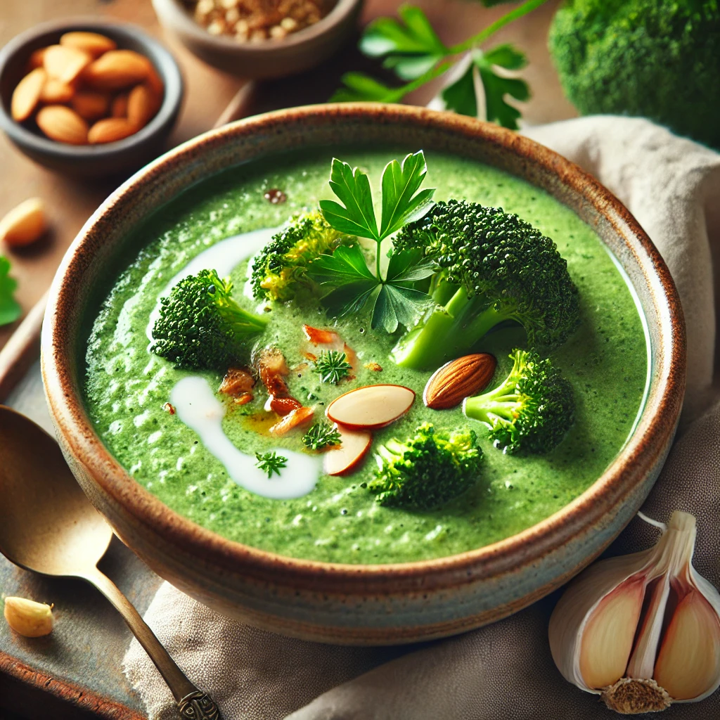 Broccolisoep met knoflook en amandelmelk