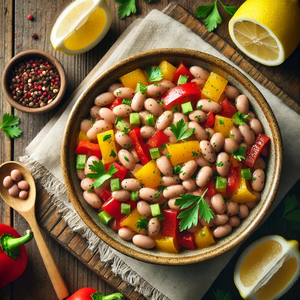 Bruine bonensalade met paprika en citroendressing