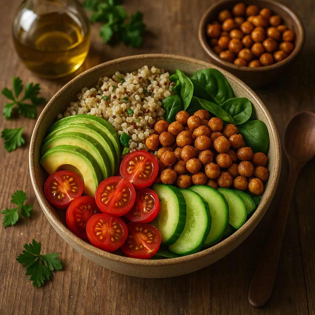 Buddha bowl met geroosterde kikkererwten en quinoa