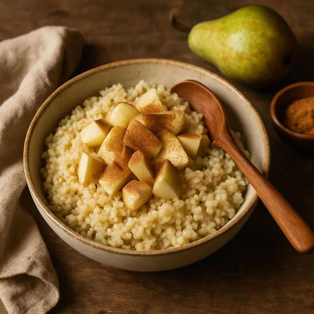 Bulgur ontbijtkom met peer en kaneel