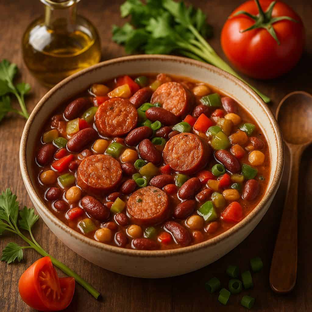 Cajun stoofpot met worst en bonen