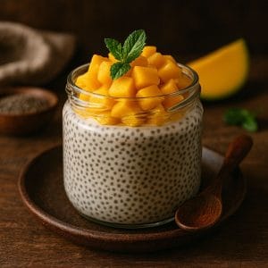 Chia pudding met kokosmelk en mango