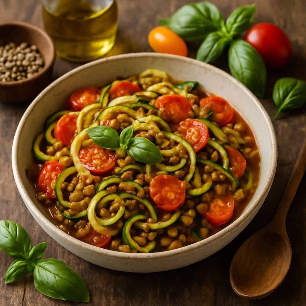 Courgettepasta met tomaat en linzen