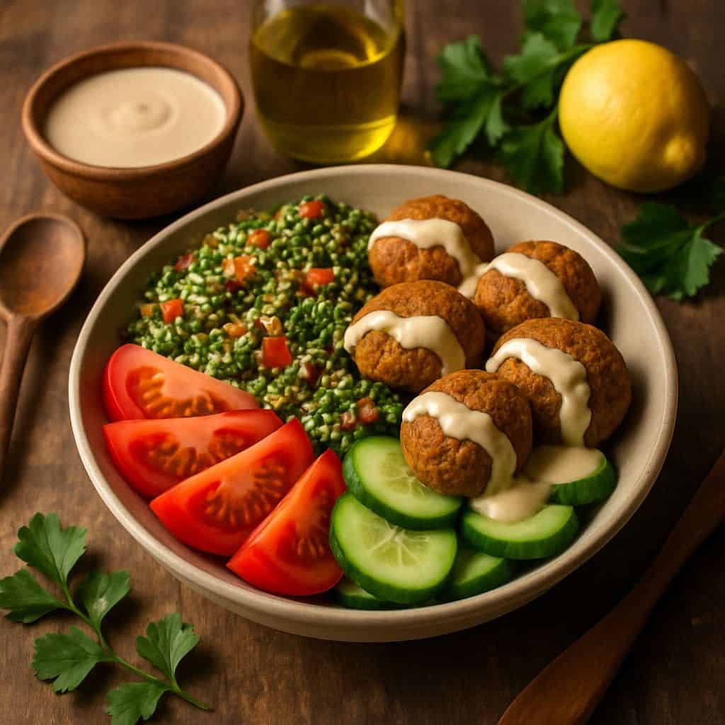 Falafel bowl met tabouleh en tahin dressing