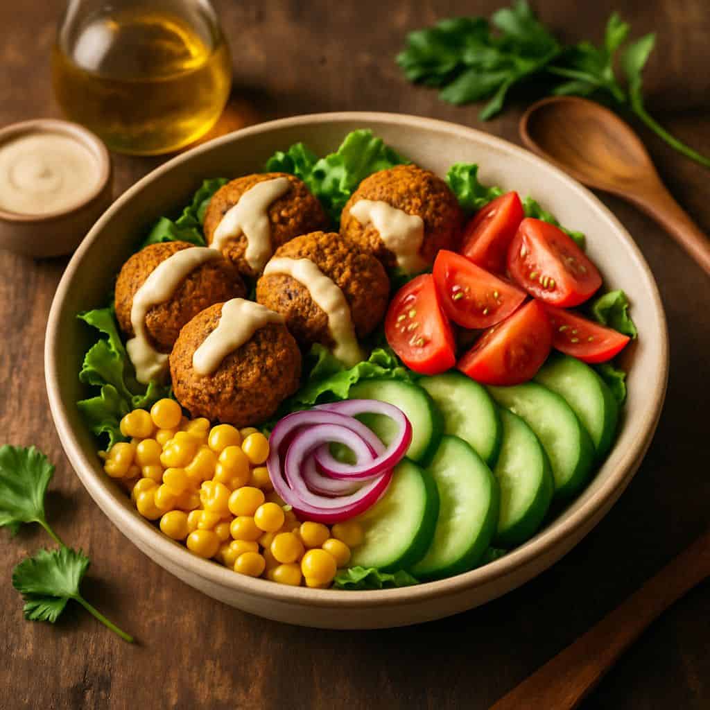 Falafel salade bowl met tahin dressing